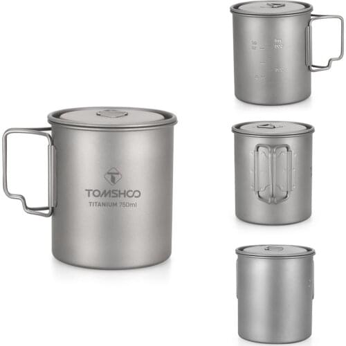 TOMSHOO Ultralight 750ml Titanium Cup Outdoor Portable Camping Picnic Water Cup Mug with Foldable Handle