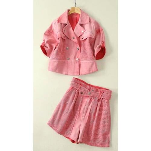 QUALITY New HIGH 2021 Designer Runway Suit Set Womens tailored collar short Sleeve Hollow Out Tops short Pants Denim Suit