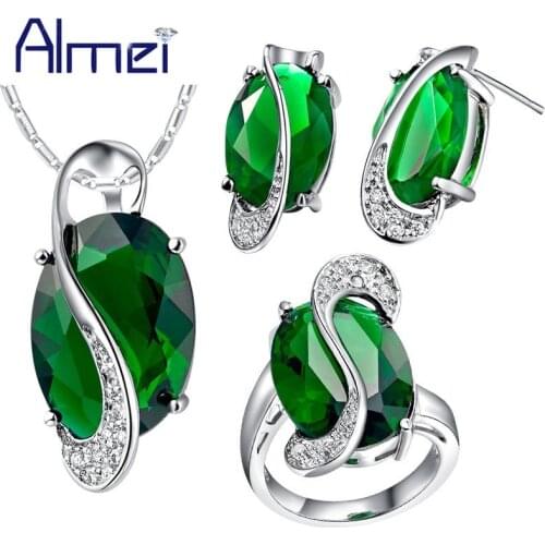 Almei 40% off African Beads Jewelry Set Silver Color Blue Necklace Sets Women Rings Zircon Wedding Accessories Earrings T472