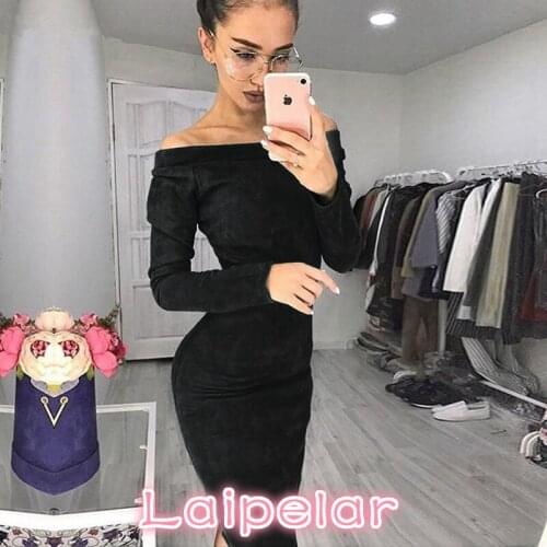 Suede Dress Women Sexy Bodycon Party Dresses Spring Summer Long Sleeve Off Shoulder Club Mid Dress Female Vestidos Laipelar