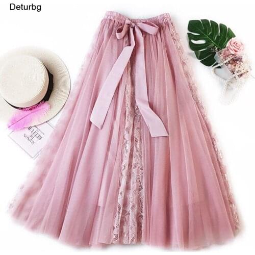 Womens Elegant Pink Mesh Long Skirt Female High Waist Lace Patchwork Bow Tied Pleated A-line Skirts Faldas 2021 Autumn Sk835