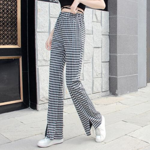 Korean Houndstooth Womens Elastic Pants High-waist Casual Slit Flared Pants Female 2021 Summer Autumn Streetwear Ladies Pants