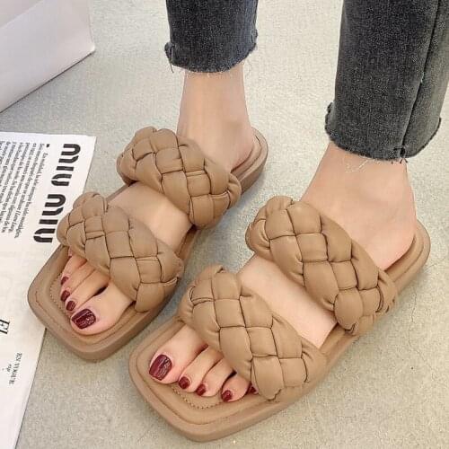 New New Summer Lady Slippers Home Vogue Weave Design Sexy Beach Flat Sandals Solid Color Square Head Open Toe Women Shoes