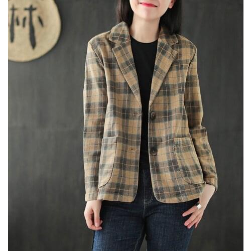 Johnature Women Plaid Cotton Suit Coat Tailored Collar Long Sleeve Pocket Button Clothing 2021 Autumn Vintage Korean Style Coats