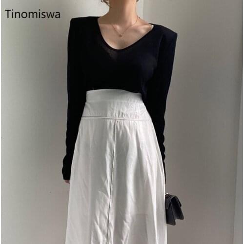 Women 2 Piece Set Korean Chic V Neck Long Sleeve Tshirts+Solid Color High Waist Mid-Calf Skirts Spring 2021 Fashion Suits A866