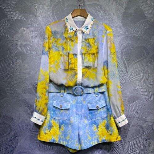 Spring 2021 Runways Womens High quality beading long sleeves ruffles Shirts+Belt Shorts Two piece set C572