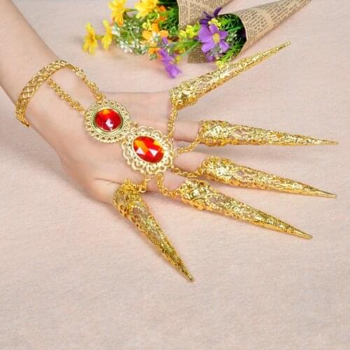 2x Girl Belly Dance Gold Bracelet 5 Finger Nails Thai Costume Hand Jewerlly