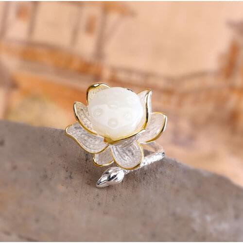 New SNew Sterling Silver Natural Hetian Jade Lotus Handmade Female Model Atmospheric Retro Temperament Open Ring