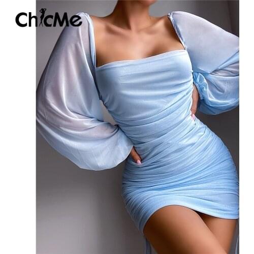 Chicme Summer and Autumn Casual Women Ruched Lantern Sleeve Solid Bodycon Dress Lady Square Neck Mini Vestidos Party Elegant