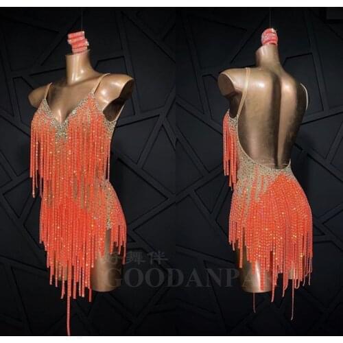 2020 NEW GOODANPARSexy Lycra Latin Dance Dress Women Sleeveless Competition Salsa Rumba Samba Flapper Dress With Bodysuit Bra