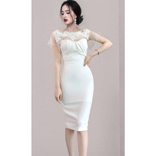 Women Dress Slim Fit See Through Sexy Lace Mesh Patchwork Cocktail Party Dresses OL Workwear Bodycon Dress