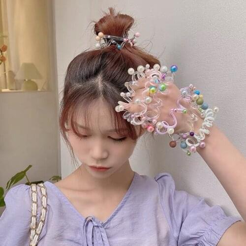 20pcs/lot New Women Girls Cute Colorful Pearls Telephone Line Hair Rubber Bands Sweet Ponytail Holder Scrunchie Fashion Hair