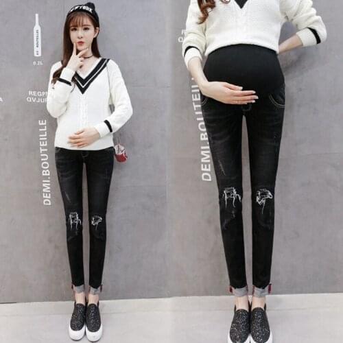 2019 spring and summer high elastic hole black maternity pants pregnant women denim stomach lift pants leggings