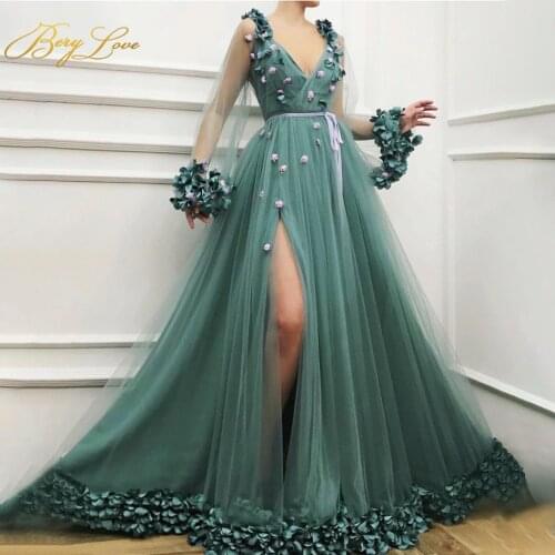 Berylove A Line Green Evening Dresses 3D Flowers Appliques Sexy V Neck Long Party Dress SIde Slit Prom Dress vestidos de noche