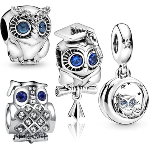 Blue Crystal Eyes Owl Bead Fit Original Pandora Charms Bracelet Clear CZ Cute Bird Beads DIY Animal Pulseiras Women Jewelry Gift