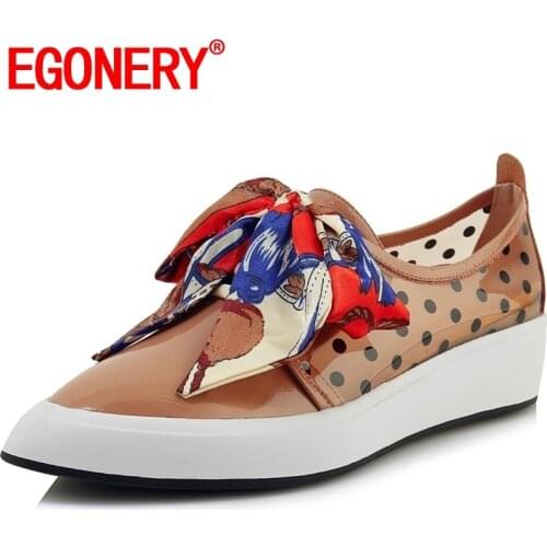 EGONERY Brand Cow Leather Silk Riband Bow Loafers 2019 Spring Autumn Microfiber Polka Dot Leopard Print womens Flat Boat Shoes