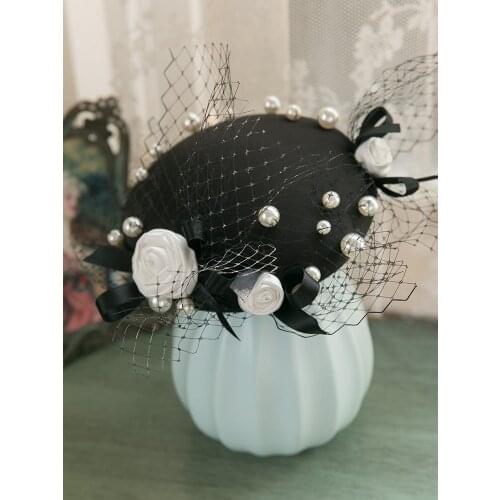 French Style Women Black Mini Satin Fascinator Hat Hairpins Classic Flower Pearl Bead Bride Headwear Royal Party Women Headdress