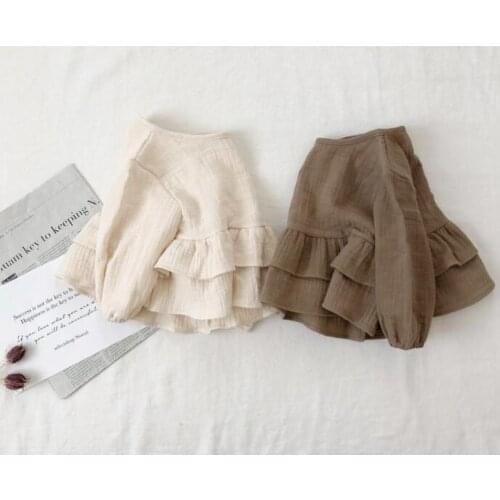 2019 boys and girls' linen long sleeve folding lace Joker shirt T-shirt girls top