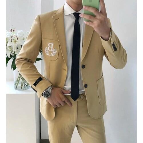 Tuxedo Suit Men British Slim Chest Pocket Embroidered Personalized 2-piece Men Suit Business Tuxedos Slim Fit Traje Novio 2020