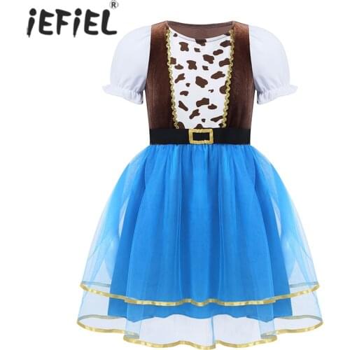Halloween Cowgirl Cosplay Costume for Girls Funny Holiday Party Princess Role Play Dress Up Short Puff Sleeve Tutu Mesh Dress