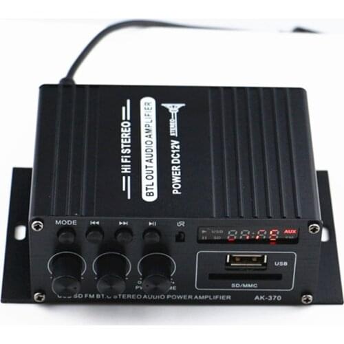 AK370 12V Mini Audio Power Amplifier Bluetooth Amplifier Audio Receiver MP3 Player FM Radio with Remote Control for Car/Home Use