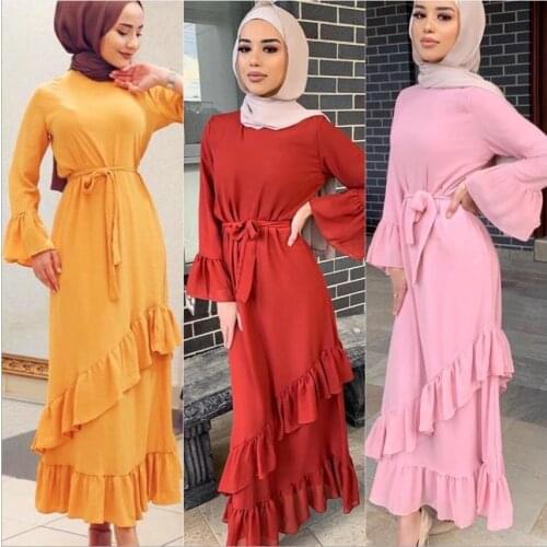 Fashion Cascading ruffles mulsim peignoir Muslim abayas Dubai Muslim full length robes Worship Service abayas with belt F1717