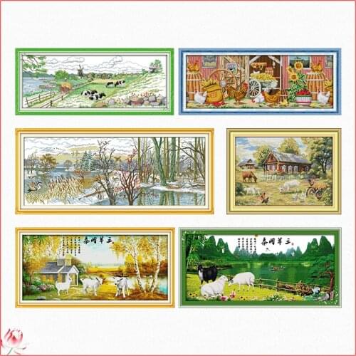 Farmhouse Cross Stitch Kit DIY Pattern Embroidery Kit 11CT 14CT Three Sheep Bring Bless Needlework Sewing Kit Home Deco Craft