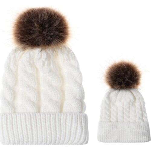 New Mom Baby Warm Hat Velvet Beanie Hats Women Child Real Fur Pom Pom Hat Parent Children Twist Woolen Ball Knitted Female Cap