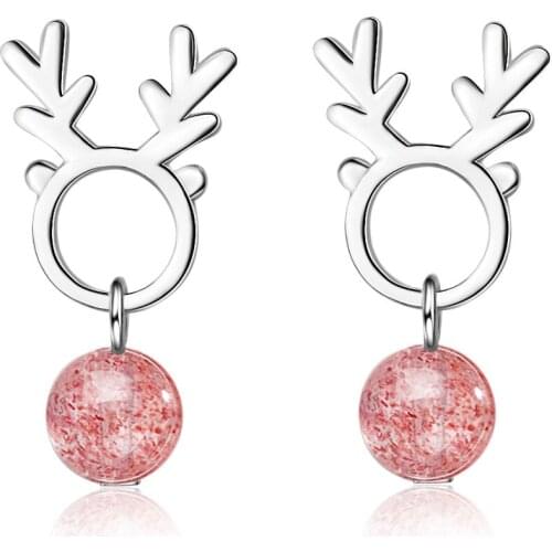 New Arrival Sweet 925 Sterling Silver Natural Strawberry Crystal Moonstone Elk Antlers Earrings For Women PGift oorbellen
