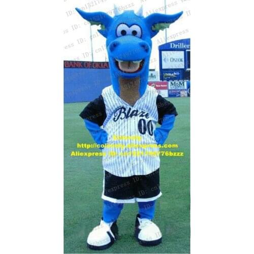 Naughty Blue Dinosaur Dino Dragon Loong Mascot Costume Adult Size With Curve Strange Ears White Sharp Cone Horns No.6516 FS