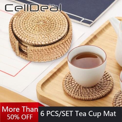 6Pcs/set Woven Rattan Coasters Handcrafted Round Tea Cup Mat Heat Insulation Anti Scald Pot Cushion Pad Diameter 8/10/16CM