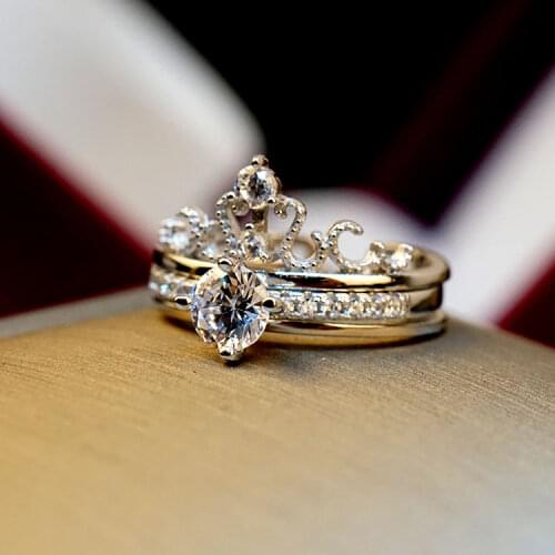 Luxury Female Queen Crown Ring Set Vintage Silver Color Adjustable Wedding Ring Promise Love Engagement Rings For Women