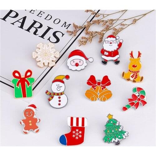 Julie Wang Enamel Christmas Brooch Pin Cartoon Santa Claus Snowman Tree Deer Bell Clothing Snowflake Buttons Badges Pins Jewelry