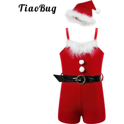 Girls Santas Helper Dance Costume Christmas Velvet Leotards Dancewear Jumpsuit Biketards with Hat New Year Party Rave Outfits