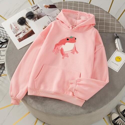 Cute Frog printing Sweatshirt Oversized Clothes Harajuku Long Sleeve Hooded Kawaii Hoodie Winter Hooded Pocket Pink Sweatshirts