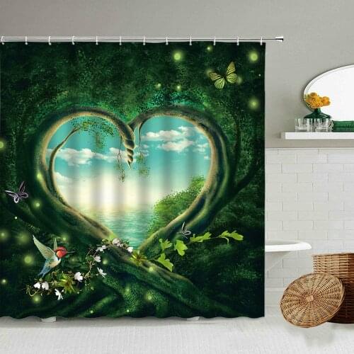 Cartoon Heart Shaped Tree Hole Forest Shower Curtain Castle Natural Landscape Creative Childrens Bathroom Waterproof Curtains