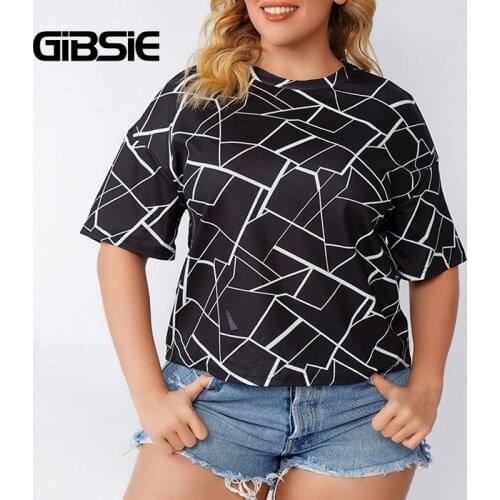 GIBSIE Plus Size Geometric Print Casual Women T-shirt Black O-Neck Short Sleeve Tee Tops Woman Summer Clothes 4xl 3xl Big Size