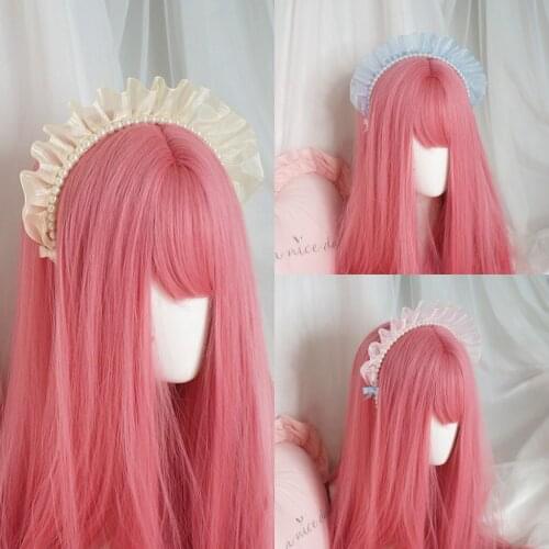 Fairy Pearl Lolita Hair Hoop Headdress Yellow Pink Blue Creamy White Nets Yarn Japanese Bowknot Headband Sweet Hair Accessories