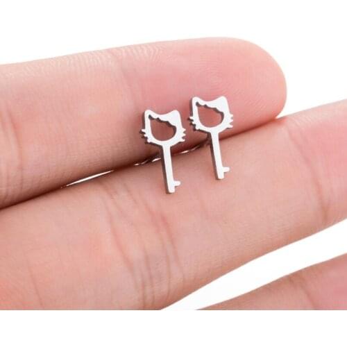Pendientes Mujer Creative Cute Stainless Steel Cartoon Cat Key Stud Earrings Girlfriends Engagement Pet Jewelry Lovers Gifts