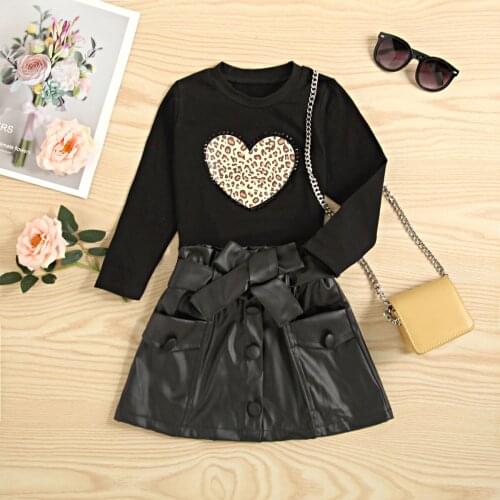 1-6Y Fashion Children Baby Girls Clothes Sets Leopard Heart Printed Long Sleeve Pullover Tops Leather Skirt 2pcs