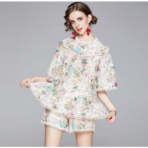 Elegant Flower Embroidery Lace Suit Set Women Batwing Sleeve Hollow Out Shirt Top + Wide Leg Shorts Runway Summer Two Pieces Set