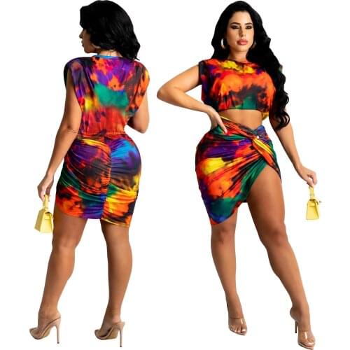 Multicolor Tie-dye Two-piece Set Sleeveless O-neck Short Tops High Waist Pleated Mini Skirt 2PC Set Fashion Casual Women Outfits