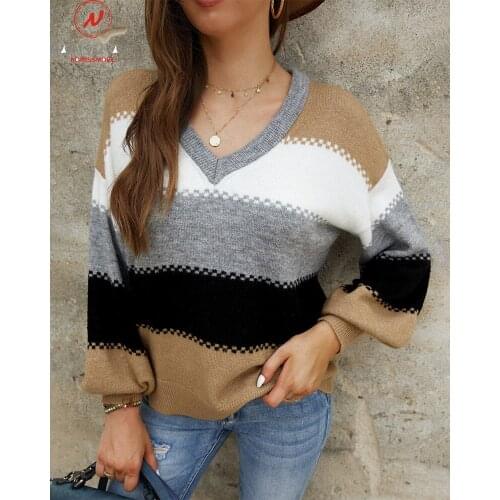 Women Autumn Winter Warm Sweaters Color Matching Design V-Neck Long Sleeve Casual Loose Pullovers Knitted Top for Streetwear