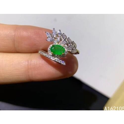 925 pure silver Chinese style natural Emerald womens noble elegant exquisite plant adjustable gem ring fine jewelry support det
