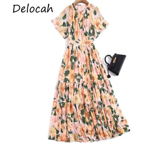 Delocah New 2021 Summer Women Fashion Designer Maxi Dress Short Sleeve High Waist Floral Print Chiffon Plus Size Holiday Dresses