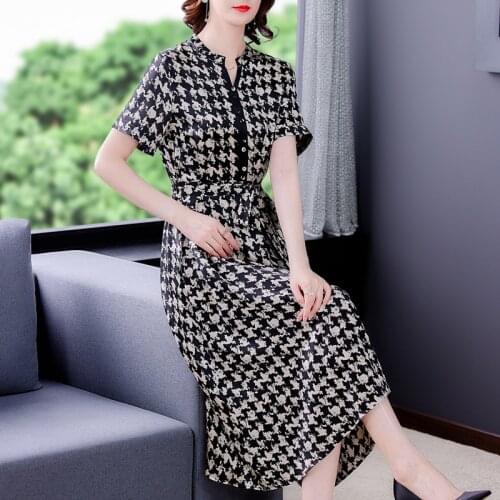 Summer Vintage Houndstooth Mulberry Silk Satin Midi Dress Women Casual 4XL Plus Size Dress 2021 Elegant Bodycon Party Vestidos