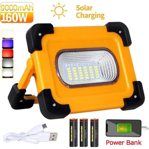 160W Portable LED Work Light Solar Lights 38000lm COB Flood Light 9000mAh Power Bank Lamp with Magnetic Base for Car repairing