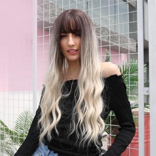 26" Black Ombre Beige Synthetic Long Wavy Hair Wig Center Part W/ Flat Bang