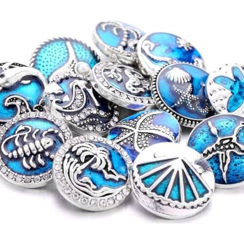 5pcs/lot Fashion Snap Jewelry Blue Rhinestone Sealife Animal 18mm Snap Buttons Fit 18mm Snap Button Necklace for Women