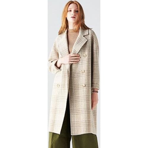 Long woolen blends cashmere coats for women 2019 autumn winter casual ladies jackets plus size overcoat beige plaid Double sided